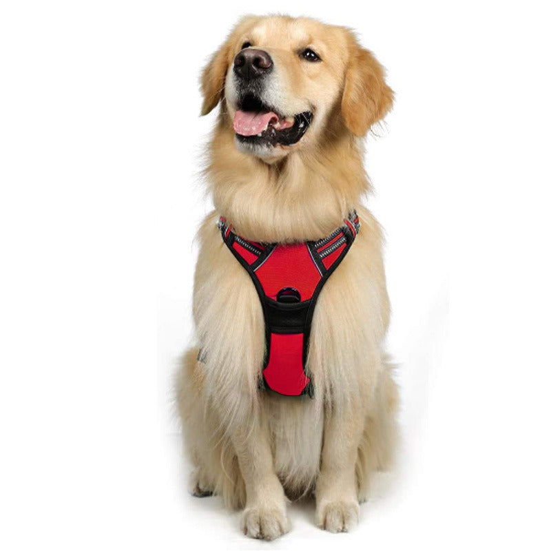 red dog harness with 2 rings to help prevent pulling with reflective details