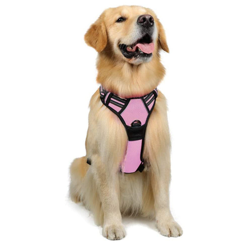 pink dog harness with 2 rings to help prevent pulling with reflective details