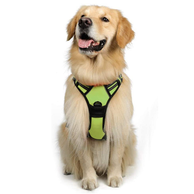 green dog harness with 2 rings to help prevent pulling with reflective details